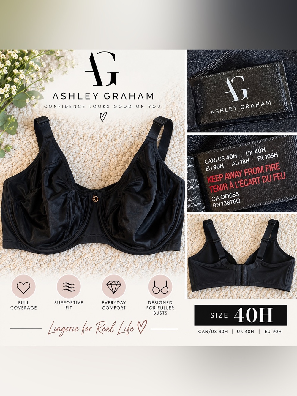 Ashley Graham Black Underwire Support Bra 40H